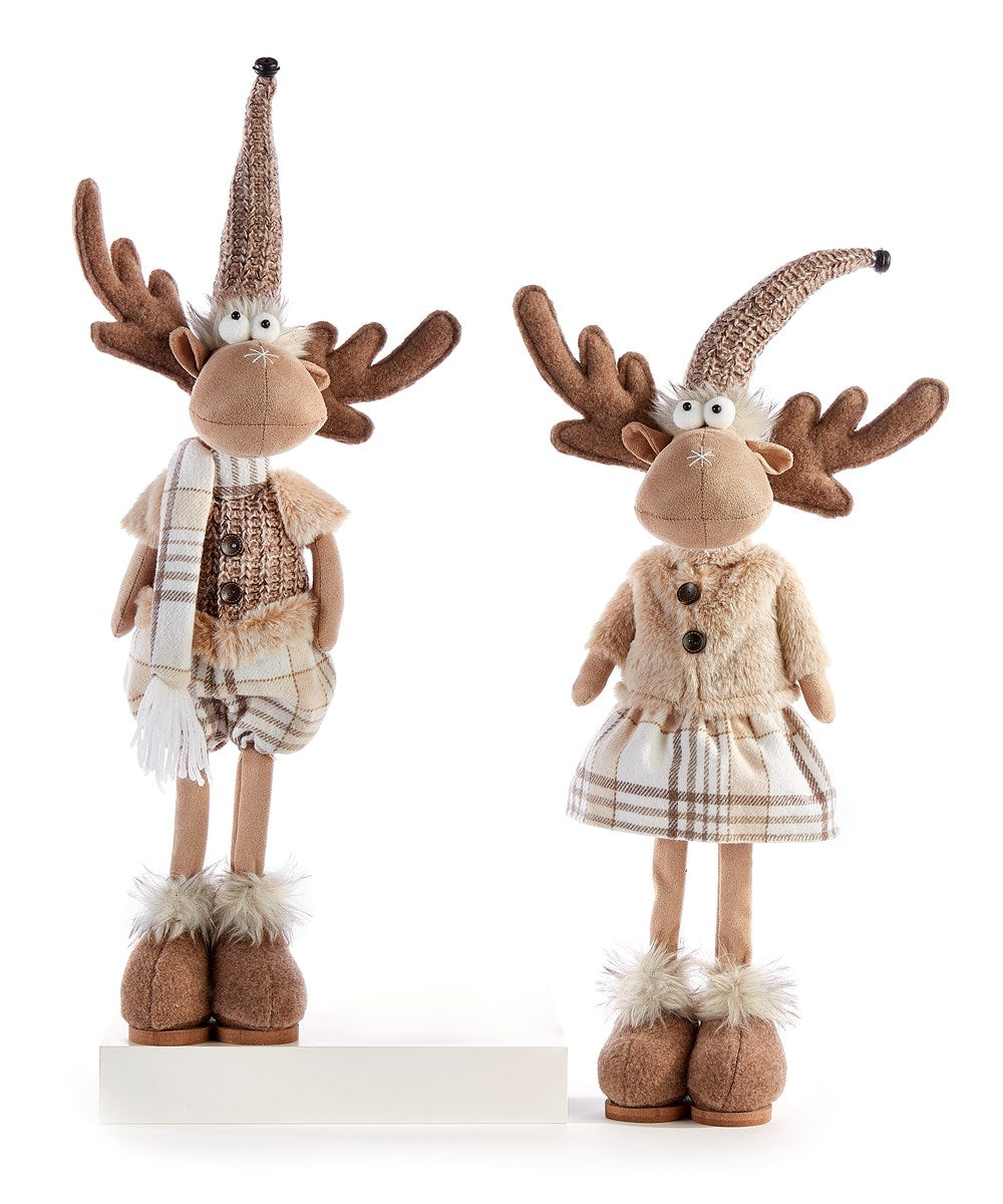 Fabric standing moose plush toy in brown with antlers
