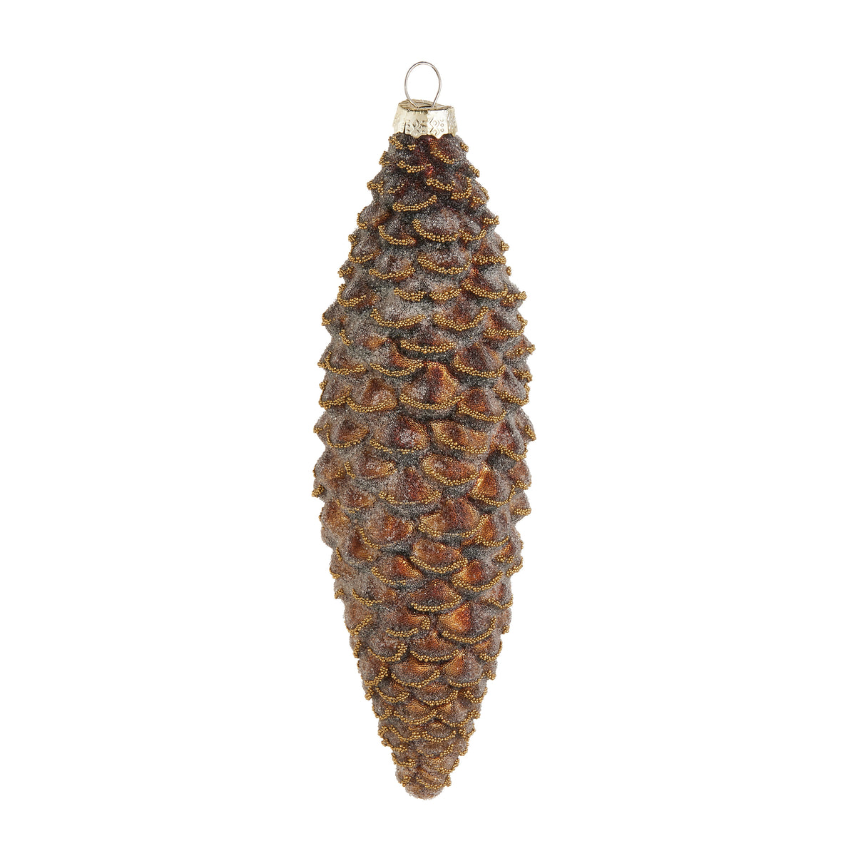 7.25-inch brown glass pinecone ornament with gold glitter and white flocking.