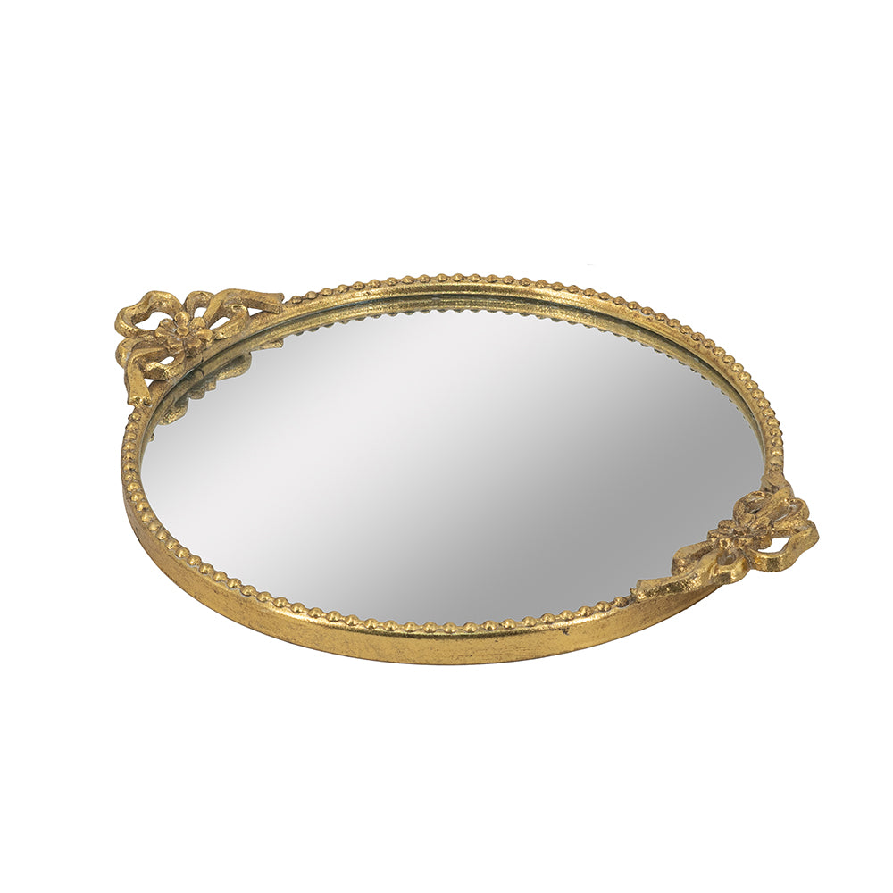 Round iron tray with ornate gold frame and mirrored center surface