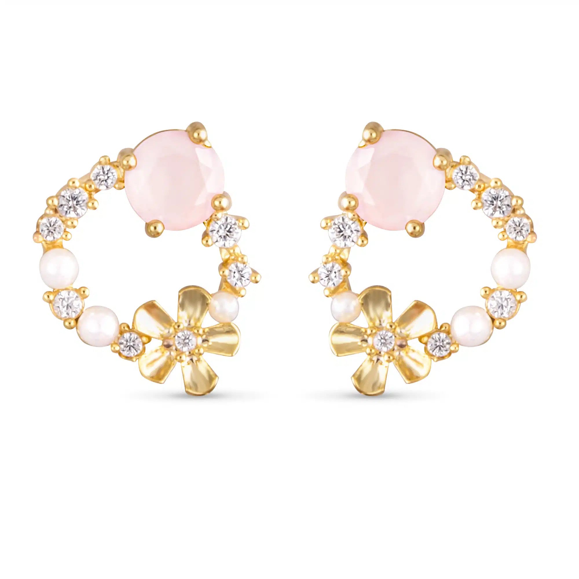 Gold floral flat hoop earrings with pink stones, white pearls, and clear crystals.