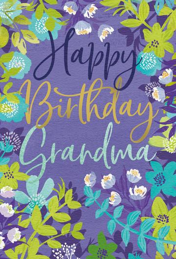 Happy Birthday Grandma card with purple background and floral design in green, blue, and gold.