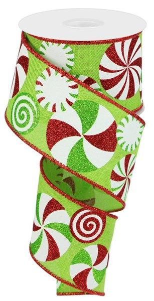 Roll of royal blue polyester ribbon with peppermint candy print.