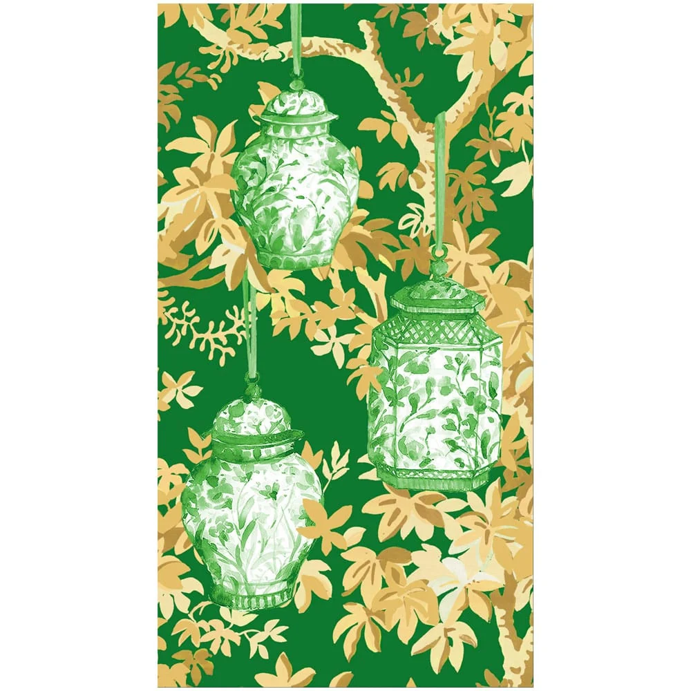 Caspari guest towel featuring green and white ginger jars hanging from branches on a green backdrop.