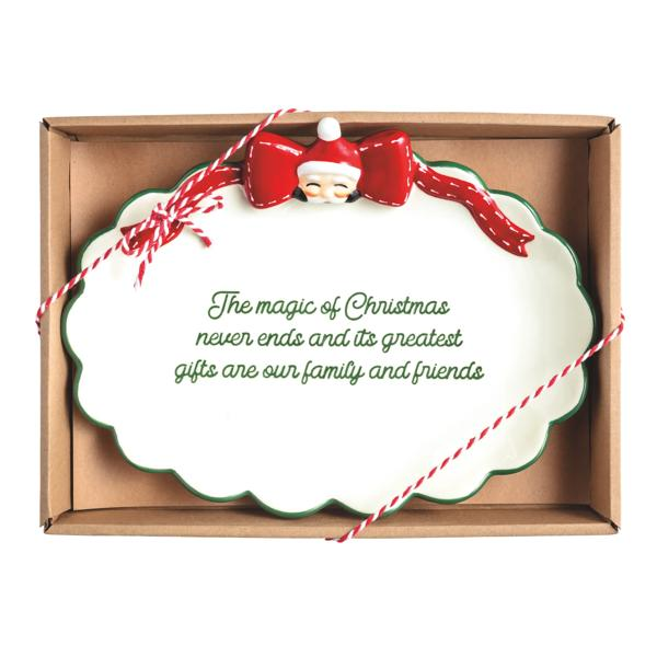 Ceramic Bow Sentiment Tray with a hand-painted scallop rim and a Santa bow in a gift box.