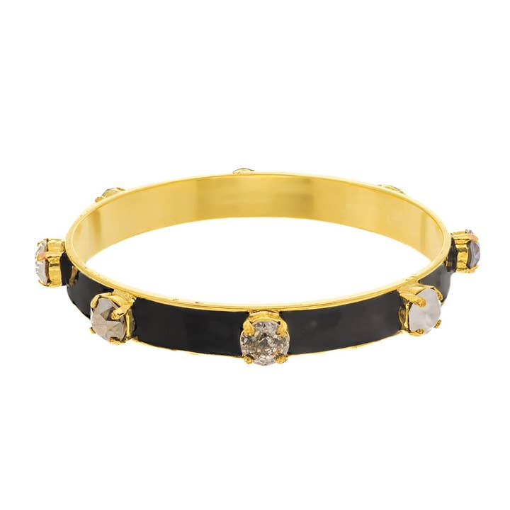 Antique gold-plated brass bangle with hand-painted enamel accents and sparkling crystals.