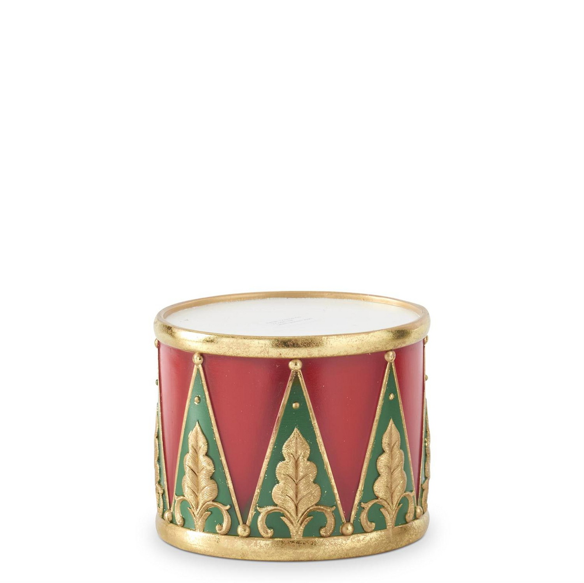 Red, green, and gold resin drum container with vintage leaf scrollwork and metallic accents.