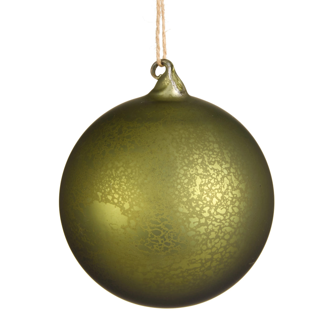 5-inch green mercury finish glass ball ornament with a rustic hanging string.