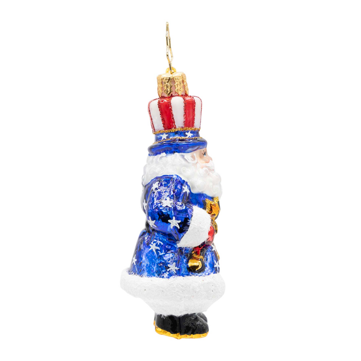 All-American Santa glass ornament wearing a star-spangled blue suit and red-and-white striped hat.