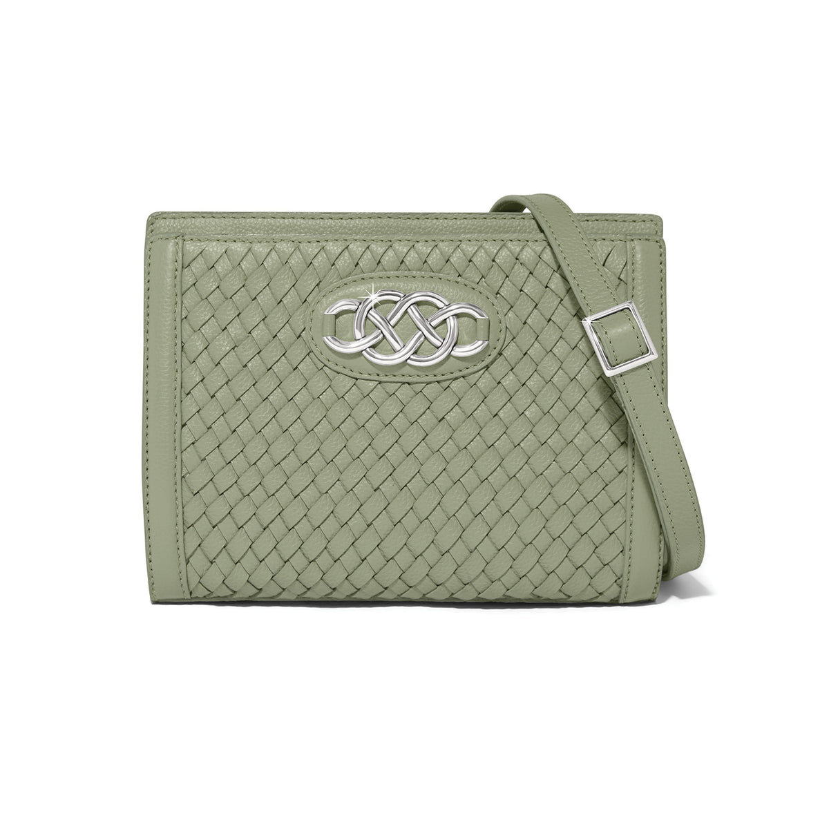 Sage leather Interlok Braid Findley Organizer Bag with ziptop closure and multiple pockets.