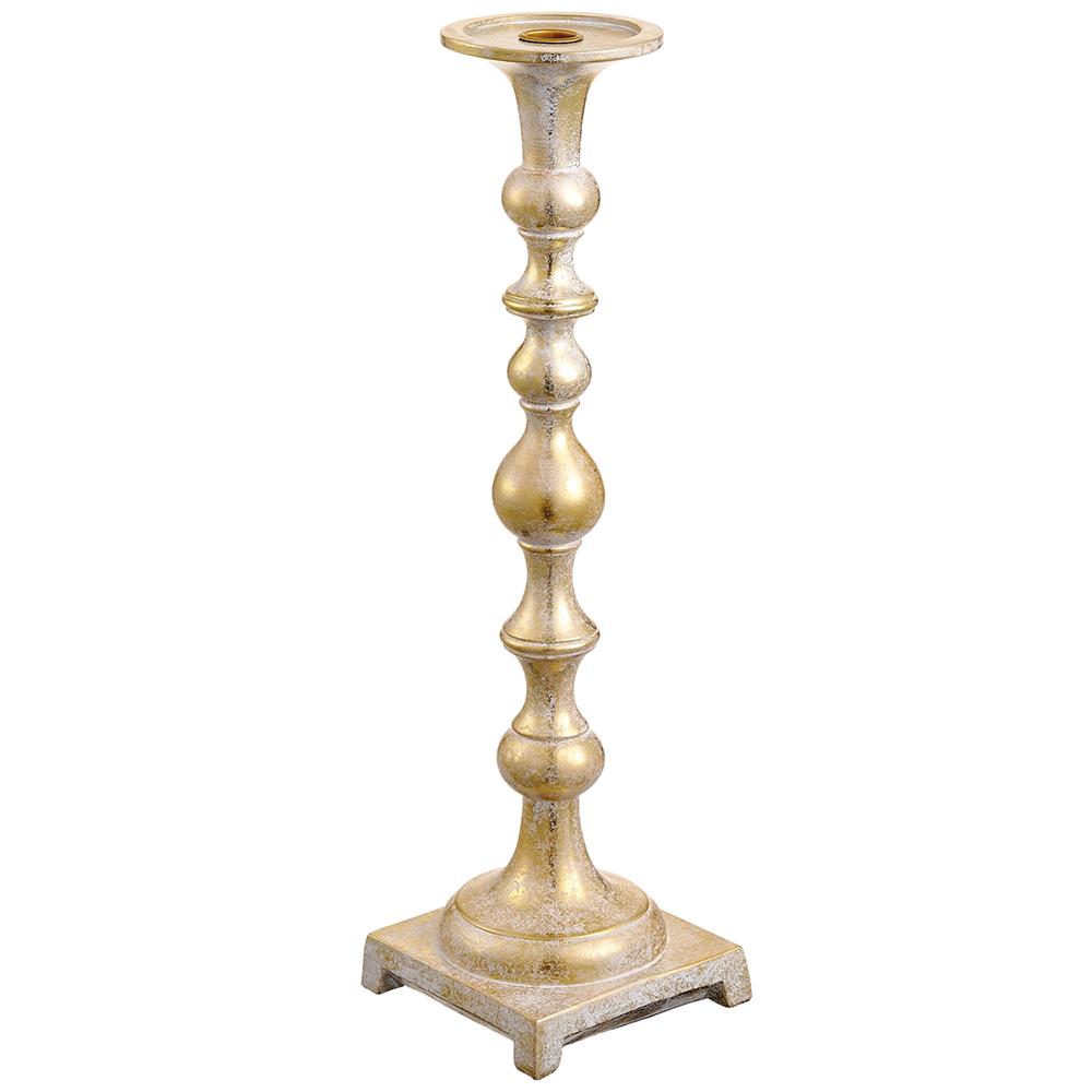 Antique gold taper candle holder with a tall, spindle-style stem and square pedestal base.
