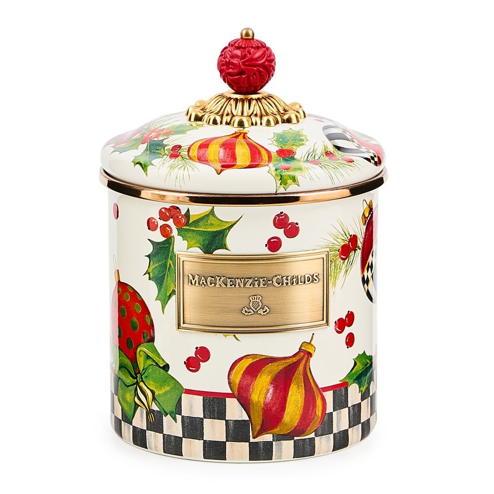 Hand-glazed steel canister with bronzed stainless rim and resin finial lid.