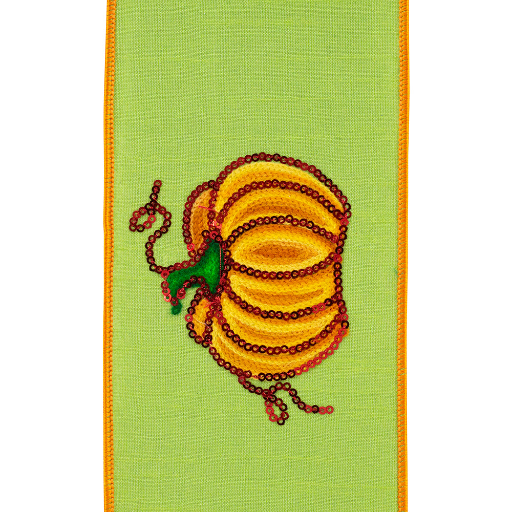 4 inch citrus green wired ribbon featuring a sequined yellow pumpkin with red and green accents.