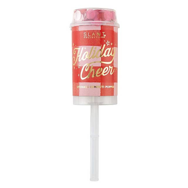 Slant Collections Holiday Cheer sprinkle confetti popper with red and pink checkered design.