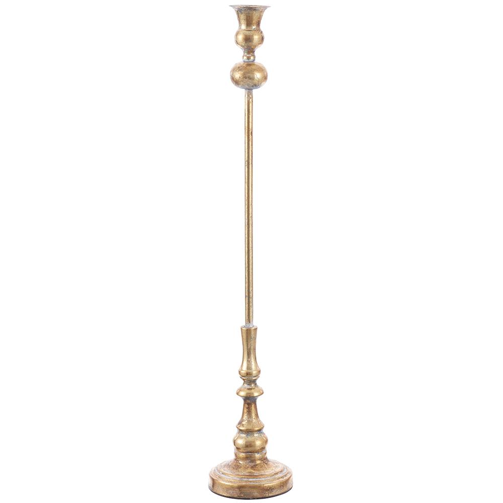 27-inch tall antique gold metal taper candle holder with a slender stem and tiered base.