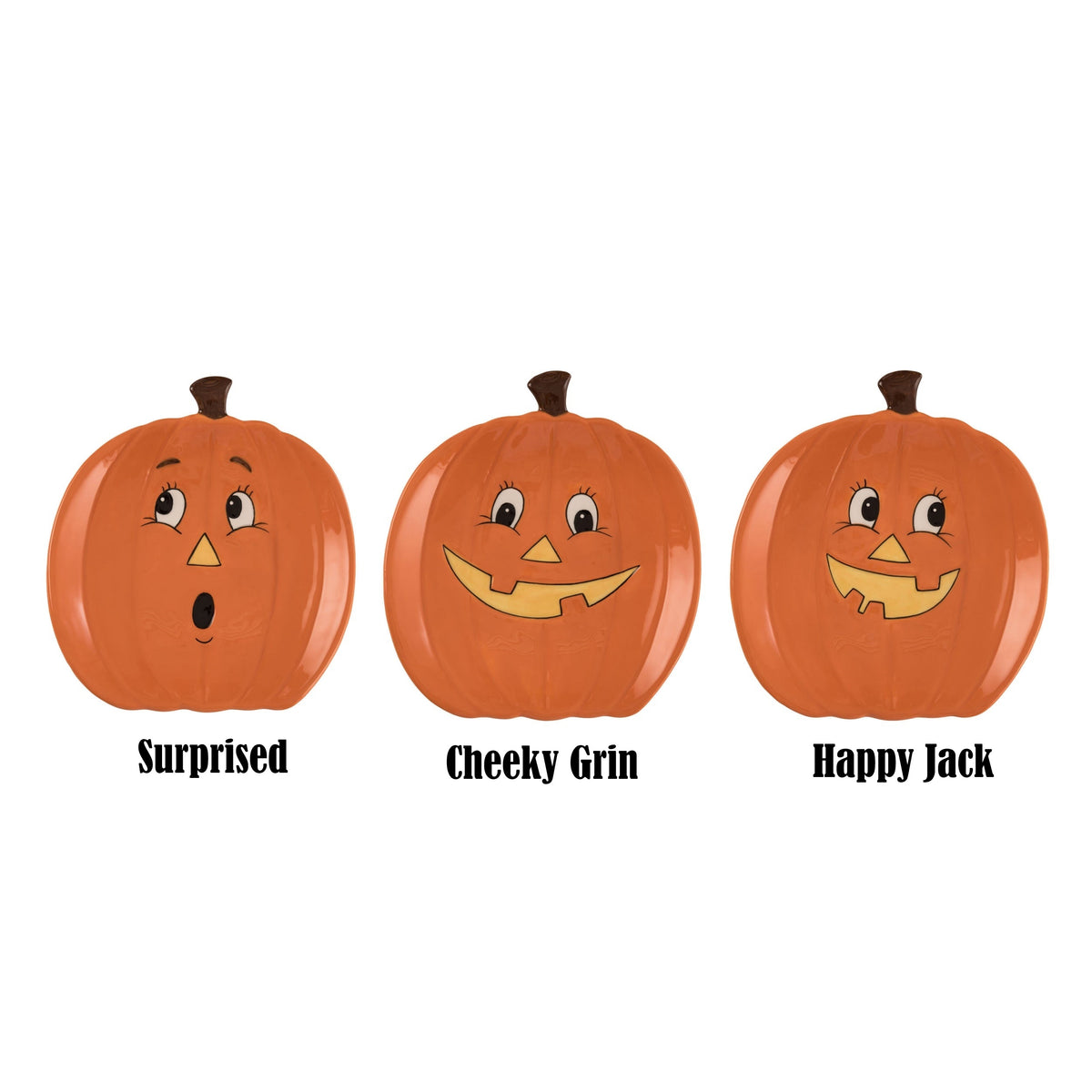 Three orange dolomite pumpkin plates labeled Surprised, Cheeky Grin, and Happy Jack.