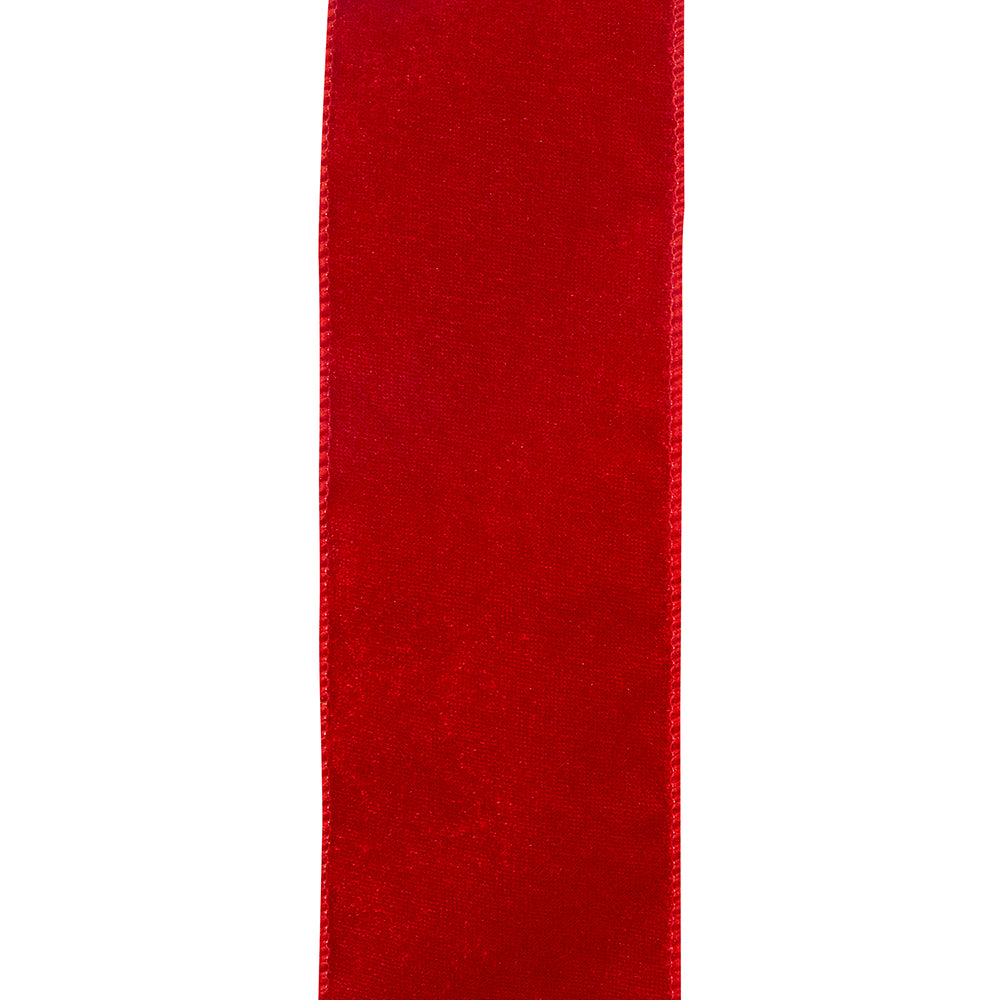 Close-up of red Luxe Plush Velvet Ribbon with a soft, textured finish.