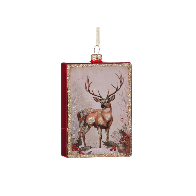 Rectangular glass ornament featuring a stately stag illustration with red edges and gold glitter.