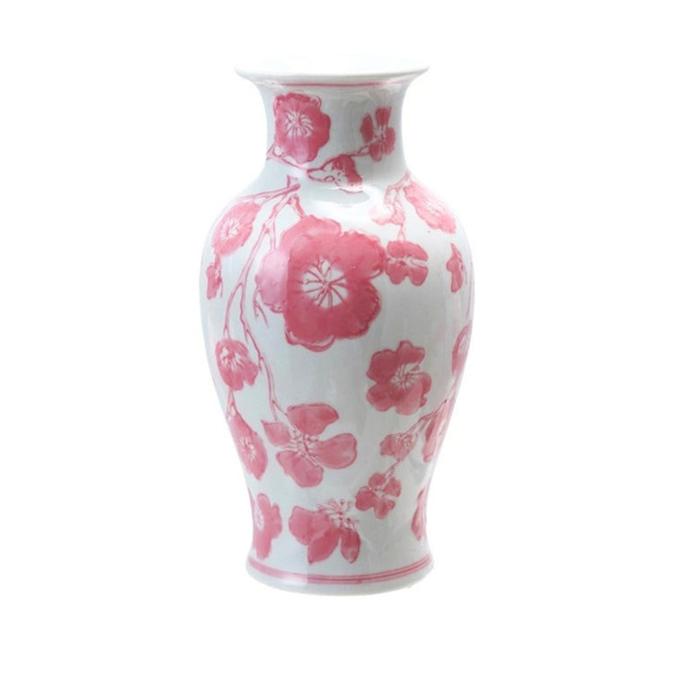 White stoneware vase with pink floral cherry blossom pattern, 7 inches high.