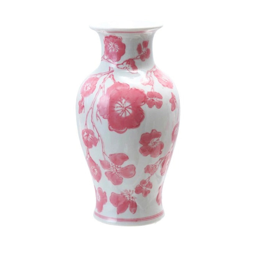 White stoneware vase with pink floral cherry blossom pattern, 7 inches high.
