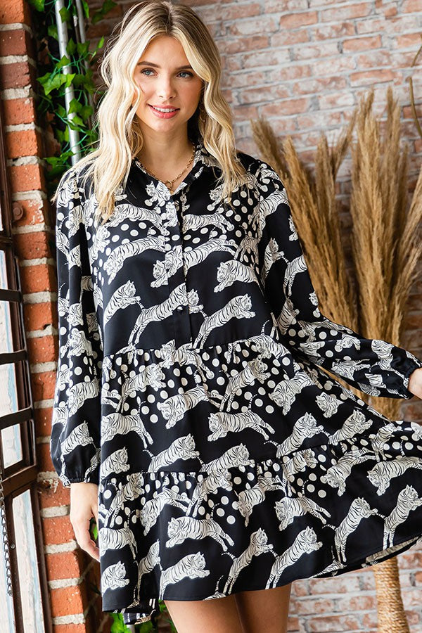 Lucy tiger print satin babydoll dress with button front closure