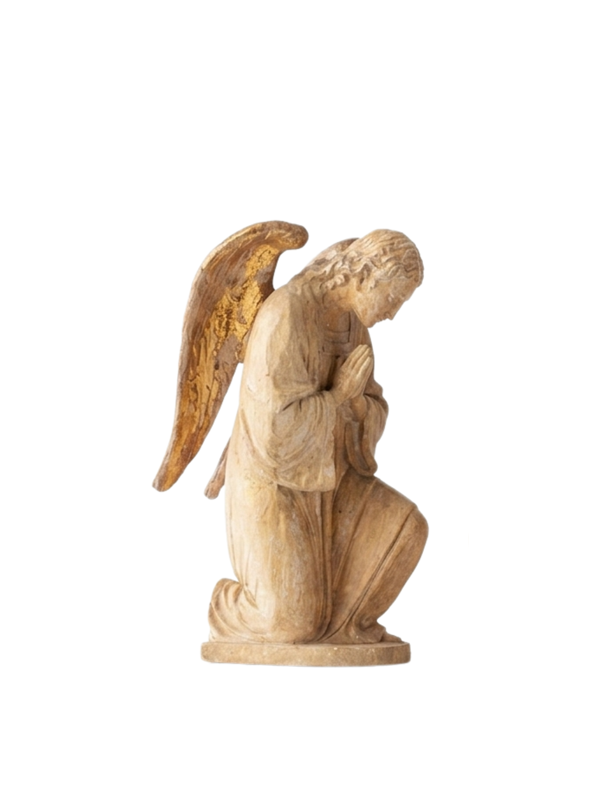 Kneeling Herald Angel statue with a plaster wash finish and gold-toned wings in a prayer pose.