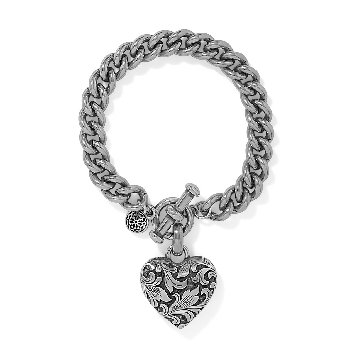 Ferrara Florentine Toggle Bracelet with a silver curb chain and an engraved heart charm.