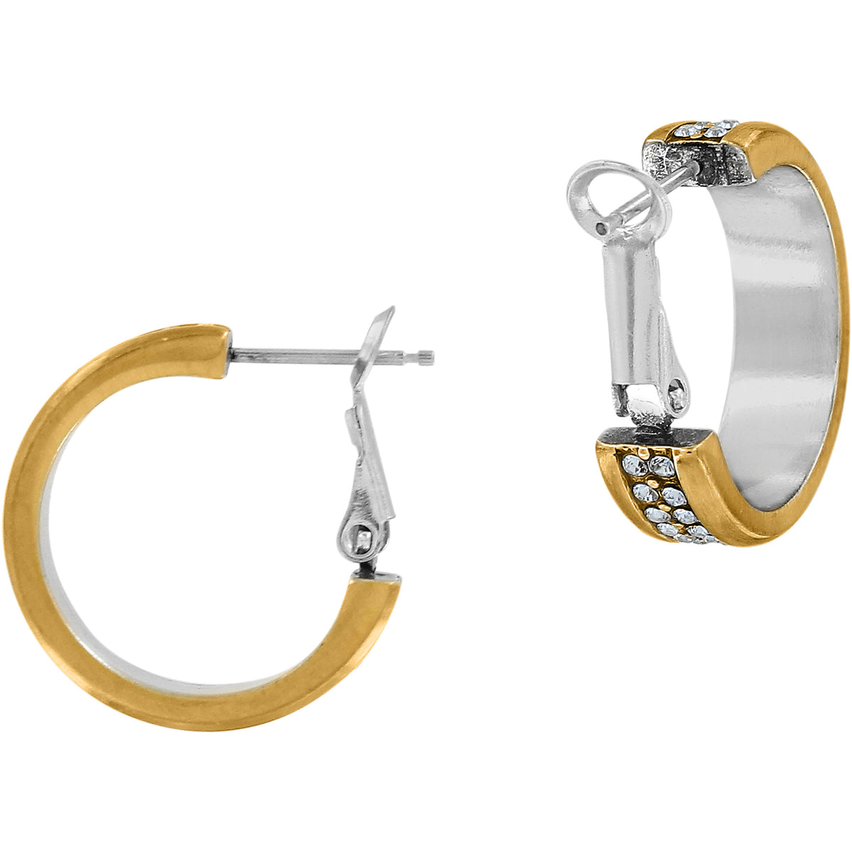 Meridian two-tone silver and gold hoop earrings with crystal accents and lever back closure.