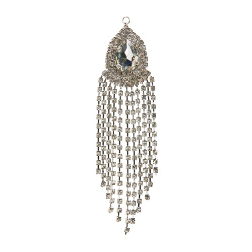 6.25-inch silver dripping jewel ornament with a large teardrop gem and cascading rhinestone strands.