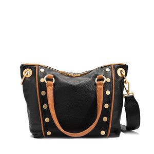 Daniel medium leather satchel bag in oak with brushed gold hardware, double-zippered pocket, and adjustable crossbody strap.