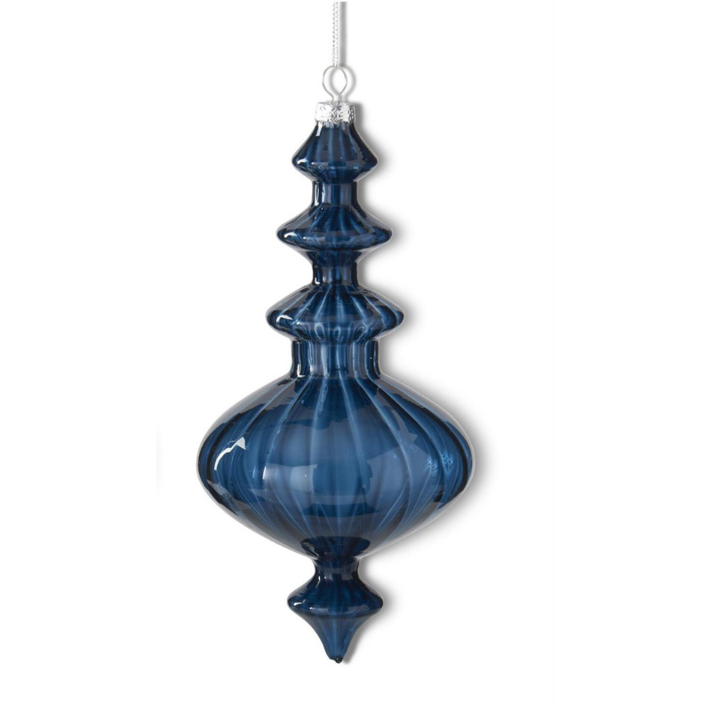 Dark blue ribbed glass finial ornament with a sapphire hue and silver hanging loop.