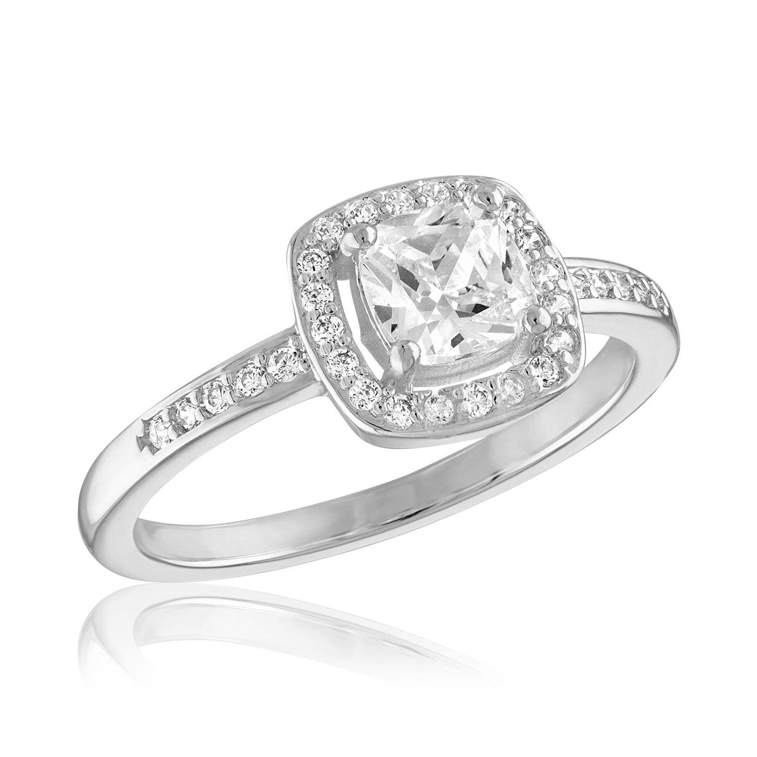 Halo CZ Forever Stack Ring featuring a cushion-cut center stone and a sparkling pavé band.