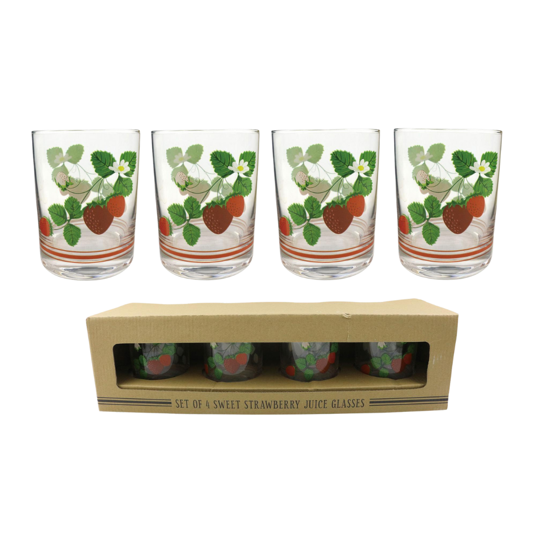 Set of clear glass juice glasses with a strawberry motif.