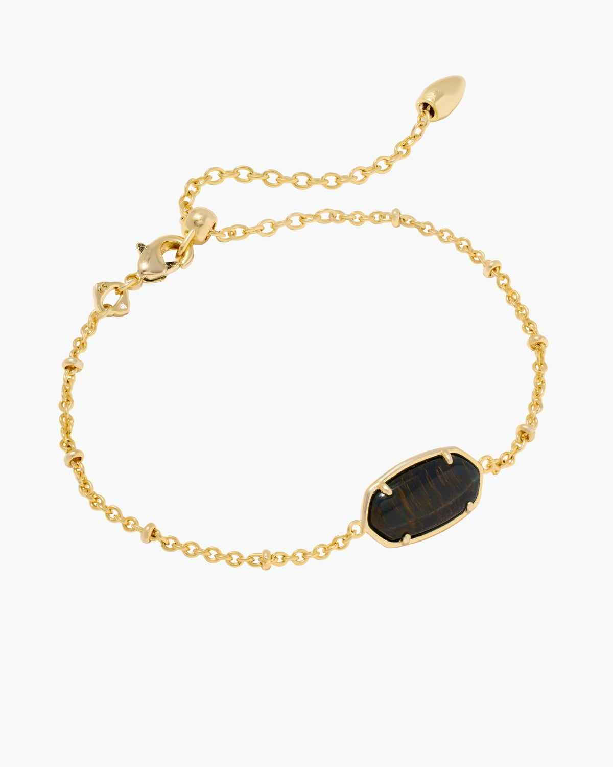 Gold chain bracelet featuring a dark brown tiger striped hawk's eye stone in an oval setting.