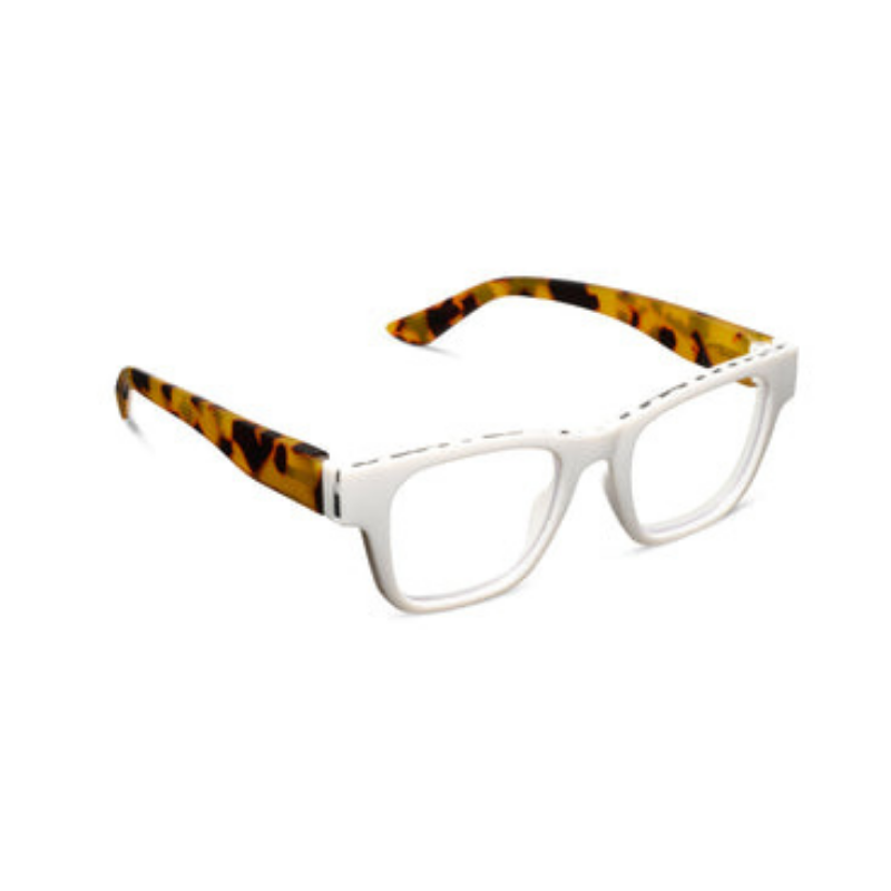 Bernadette square blue light glasses with a white frame and tortoiseshell temples.