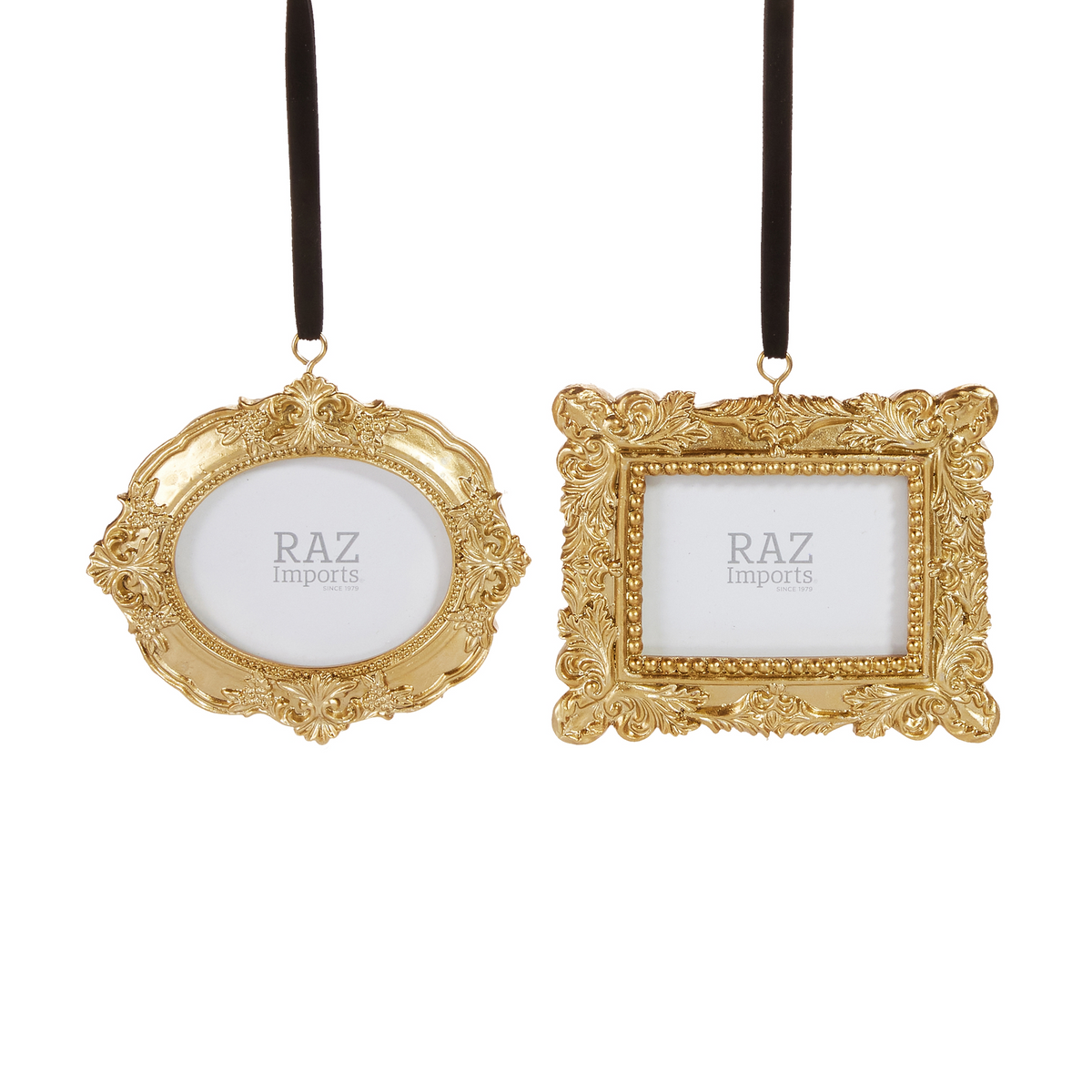 Gold vintage-style resin photo frame ornaments in oval and rectangular shapes with velvet ribbons.