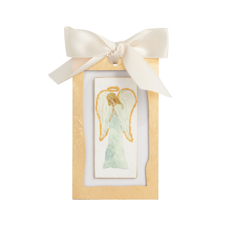 Gold painted acrylic ornament with a hand-painted angel on paper and a cream satin ribbon bow.