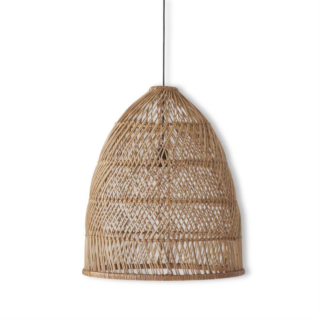 Natural woven rattan dome pendant light with a round silhouette.