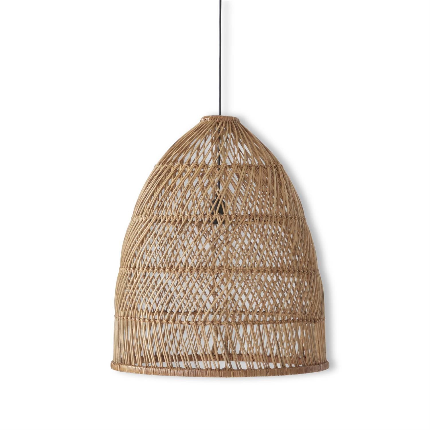 Natural woven rattan dome pendant light with a round silhouette.