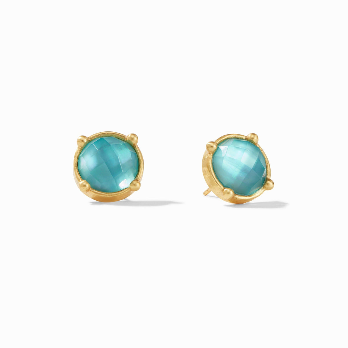 Gold honey stud earring with rose-cut glass gemstone in a hammered bezel setting.