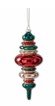 Red glass finial ornament with gold accents and green base on a clear stand