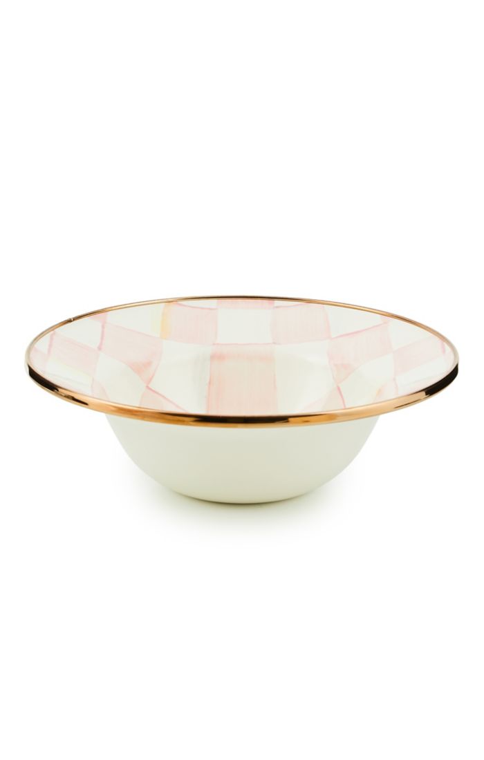 Rosy Check Enamel Breakfast Bowl with hand-painted pink checks and a bronzed stainless steel rim.