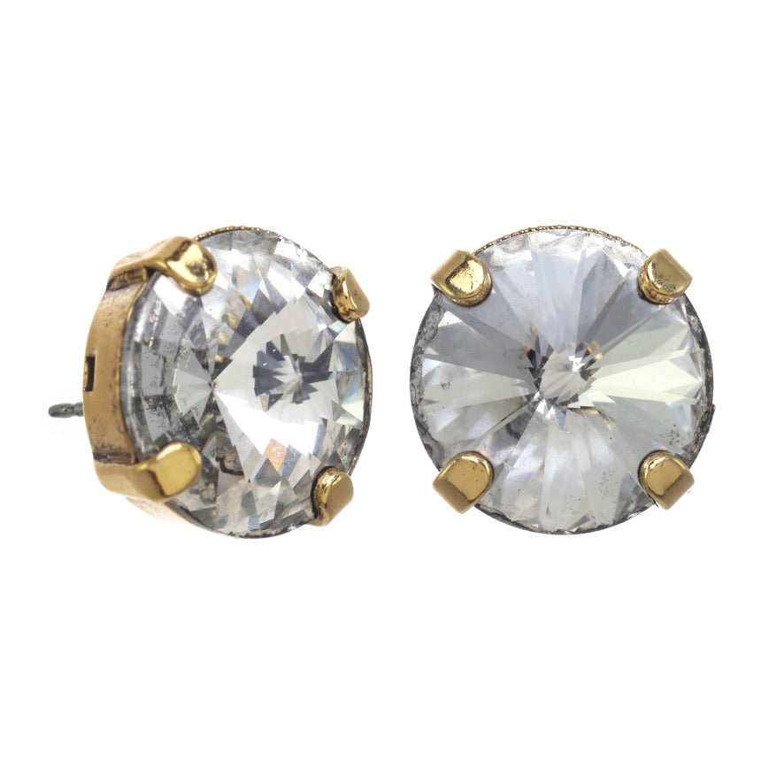 Antique gold-plated stud earrings with large clear crystals on surgical steel posts