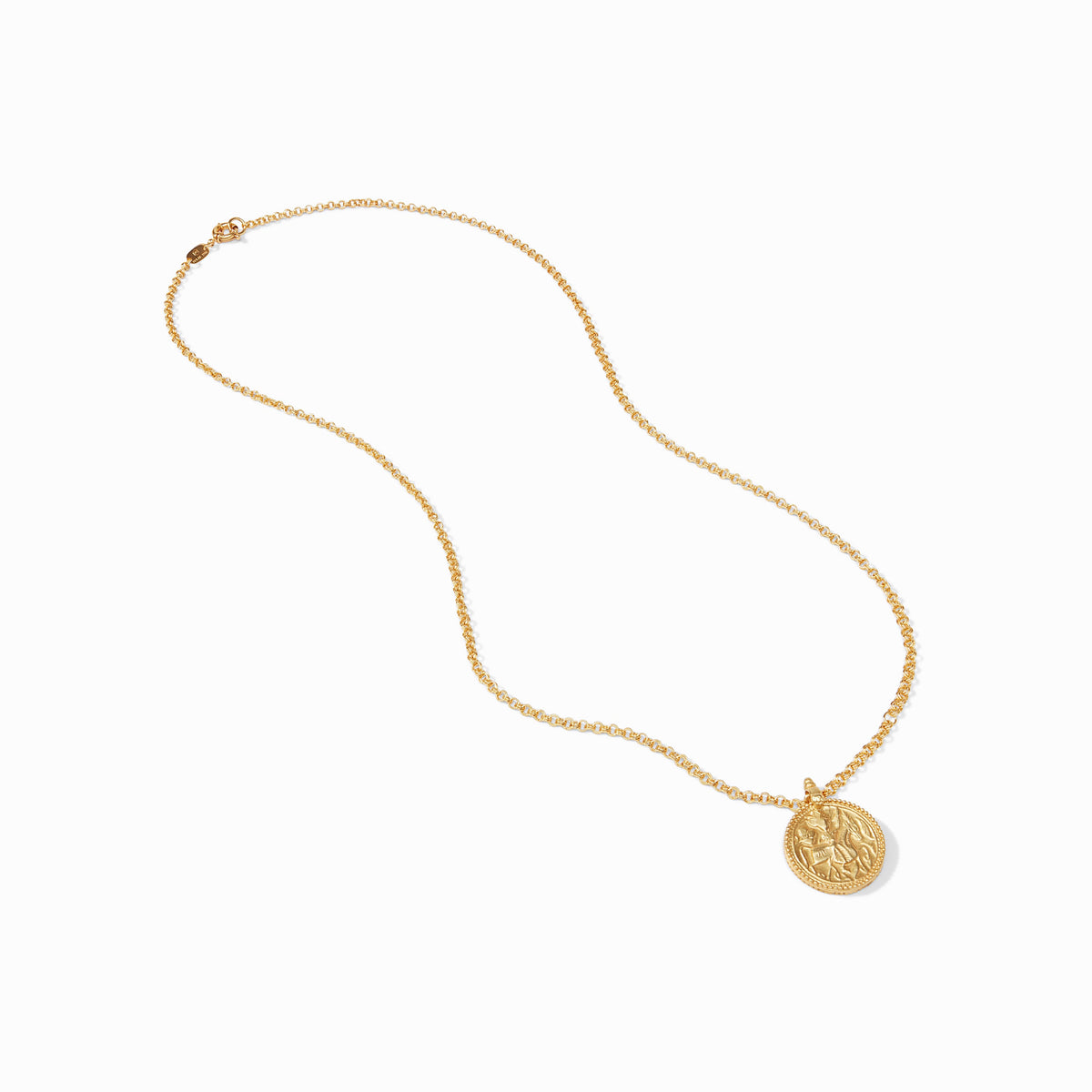 Gold coin pendant on a chain with a circular face.