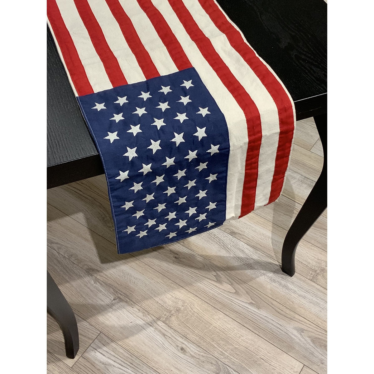American flag runner rug with red-blue border and 48 stars on a white field.