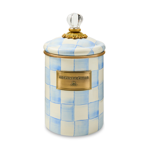 Hand-glazed steel canister with sky blue checkered pattern on bronzed stainless rim and brass accents.