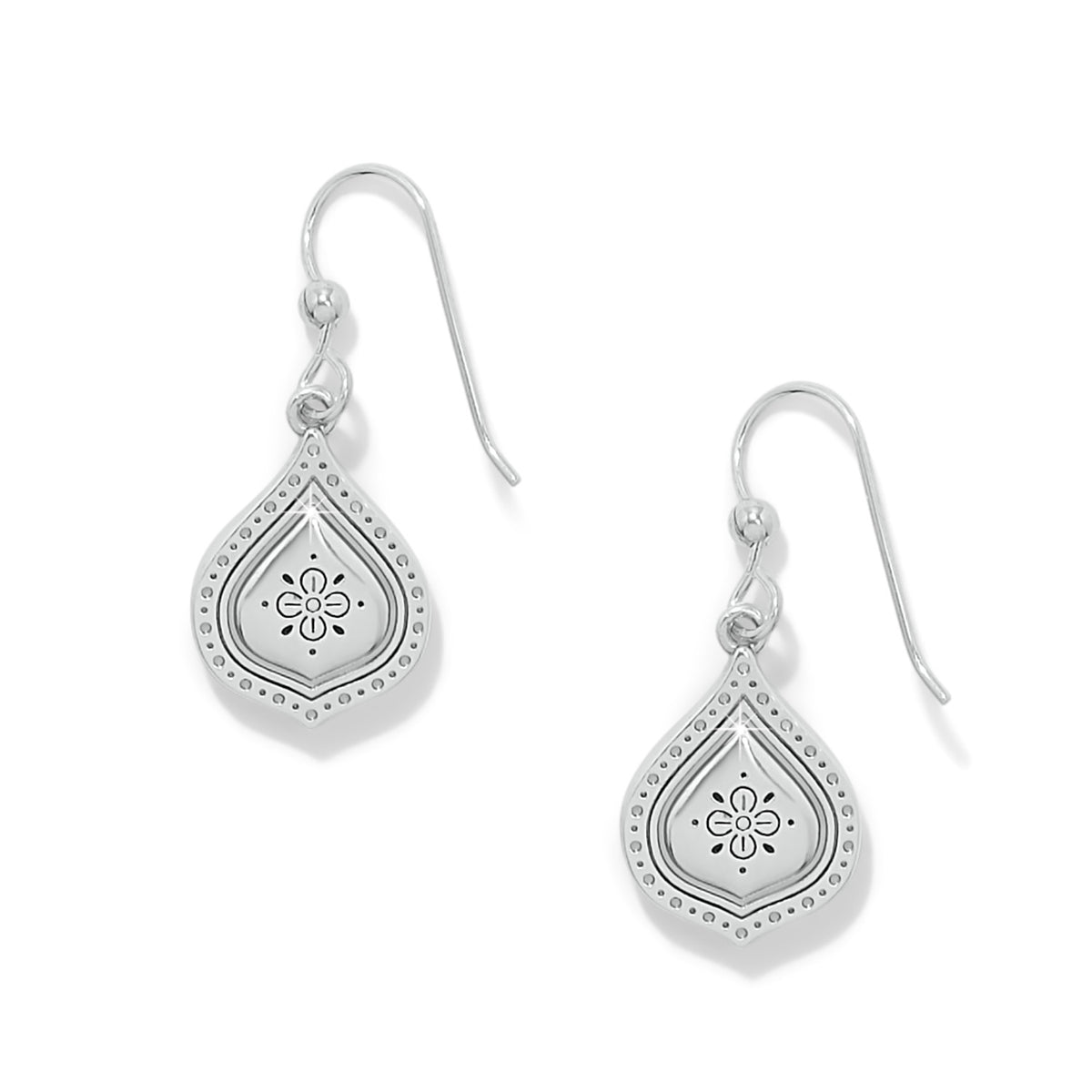 Silver French wire earrings featuring mosaic teardrop crystals with a two-tone enamel finish.
