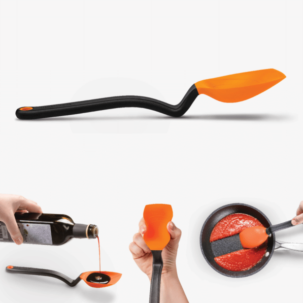 Supoon silicone spoon with weighted handle, flat scraping tip in black.