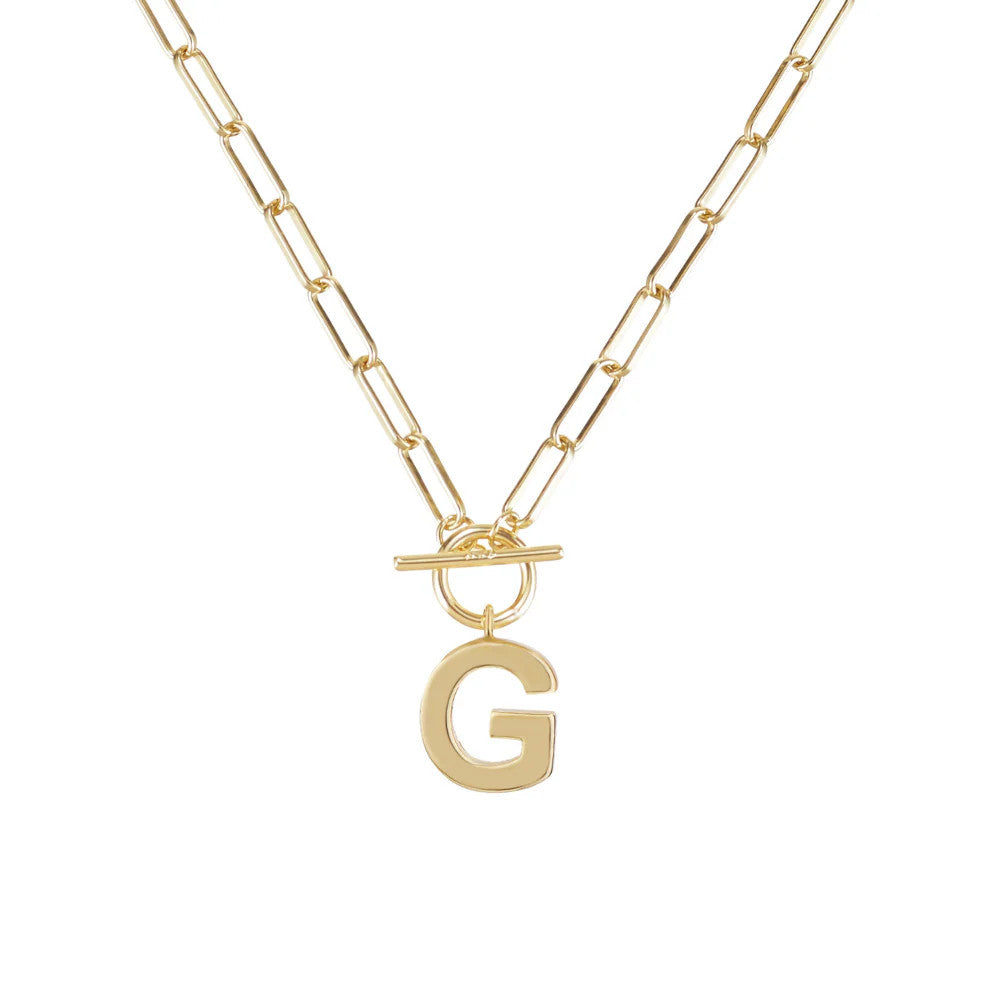 Gold plated toggle necklace with an 18-inch chain featuring a lead-free nickel-free brass construction.