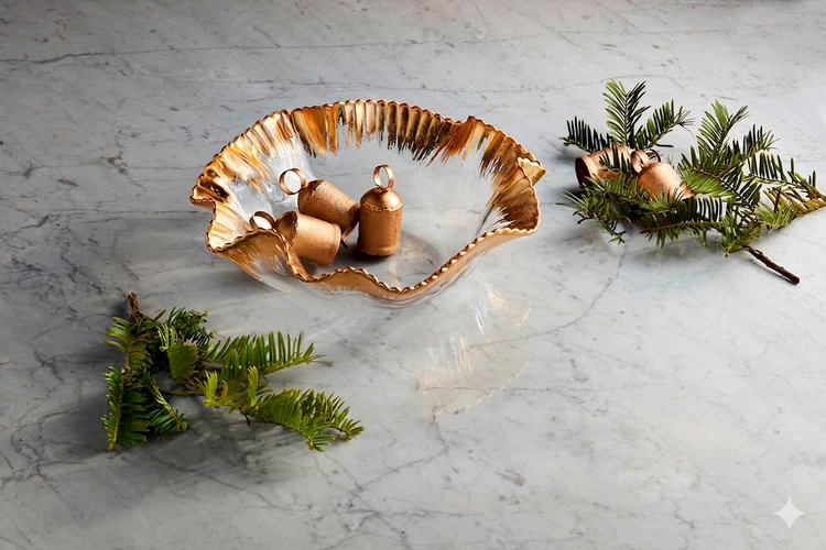 Clear glass bowl with a ruffled, hand-painted gold rim holding three small copper bells.