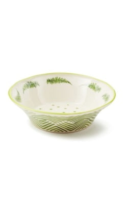 White ceramic Fern Forest Bowl with green fern leaf patterns inside and geometric lines outside.